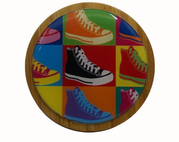 Retro, Pop Art, Sneakers, Runners, 100ml Round Screw Top Bamboo Box, Wooden Box, Refillable Cosmetic Container, Jewellery Box, Keepsakes Box