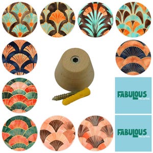 May include: A collection of decorative cabinet knobs with Art Deco fan designs in various colors, including teal, orange, and brown. A wooden knob with a screw and wall anchor is also included. The text "FABULOUS Bits and Bobs" is on a light blue background.