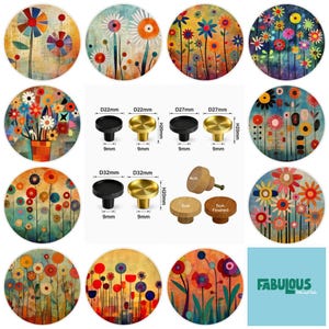 Poignées de tiroir en bois à motif floral - Poignées de meuble colorées à fleurs, quincaillerie de style bohème