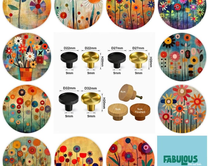 Floral Art Wooden Drawer Knobs - Colorful Flower Cabinet Pulls, Boho Furniture Hardware