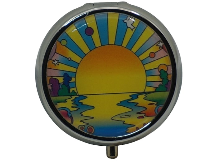 Aquarius, The Rising Sun, Yellow, Blue, Pill Box, Silver Plated, Medicine Case, One Day Pill Box, Trinket Box, Pill Case