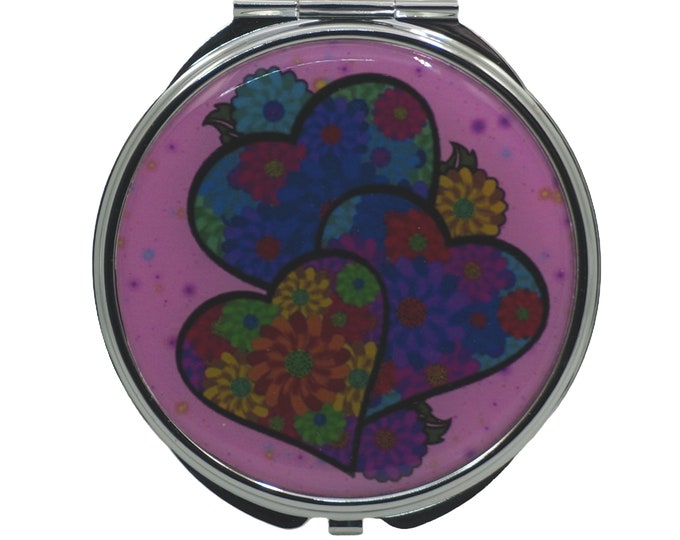Colorful Hearts,  Large Pill Box, Mirror, Medicine Case, Pill Case, Medication Container, Silver Pill Box, Three Sectioned Pill Box