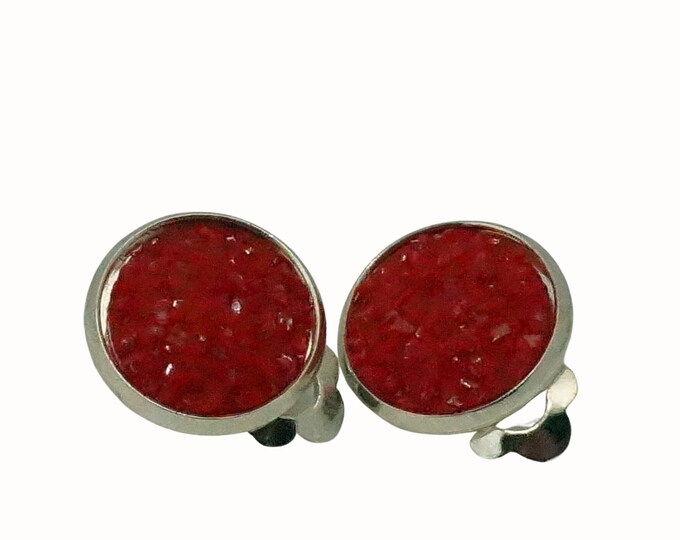 12mm Silver Plated Round Clip On Earrings Druzy Cabochon Red