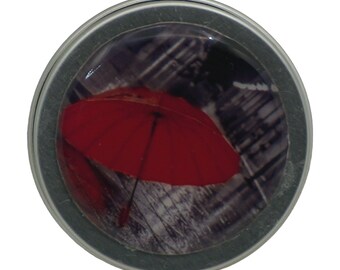 Handmade Round Storage Tin: Red Umbrella Design, 15ml
