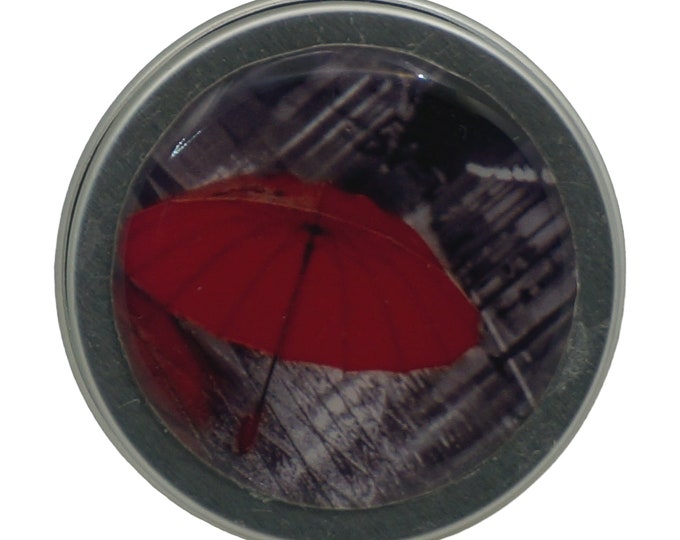Handmade Round Storage Tin: Red Umbrella Design, 15ml