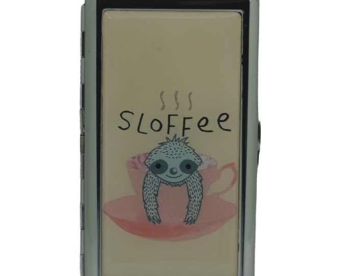 Sloth,  Sloffee, Coffee, King Size Cigarette Case, Cigarette Box, Metal Money Card Storage Case, 100's, Slims