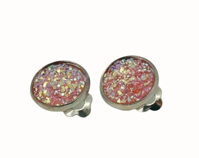 12mm Silver Plated Round Clip On Earrings Druzy Cabochon Pink