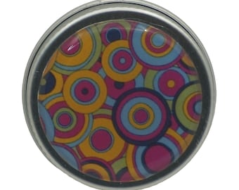 15ml Round Screw Top Handmade Decorative Tin Rings Earrings Pill Tin Mints Keepsakes Gift Tin Psychedelic Circles Yellow Blue Pink