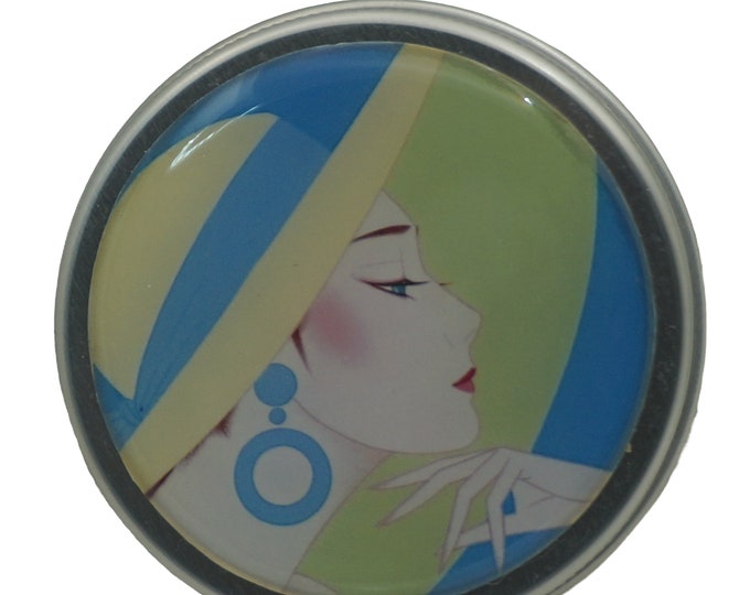 50ml Tin, Art Deco, Woman, Round Storage Tin, Trinkets,  Pill Box, Mint Box, Lipstick, Eye Shadow, Storage Tin