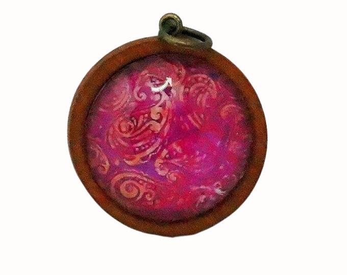 Wooden Backed Glass Tile Pendant Necklace Accessories Natural Wooden Pendant Patterned Pink and Orange