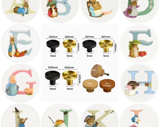 Beatrix Potter Alphabet: Drawer Knobs, Cabinet Pulls (5cm) (4cm) 3cm Brass Knobs