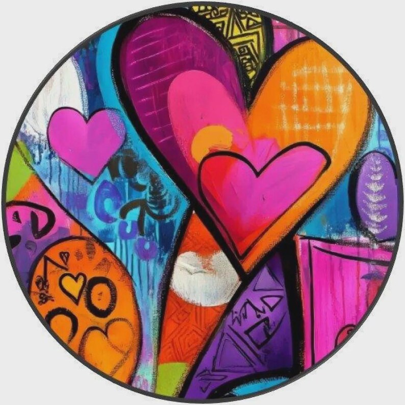 May include: A circular wall art piece featuring a vibrant abstract composition of overlapping heart shapes in shades of hot pink, bright orange, purple, and blue. The design includes various textures, geometric patterns, and layered paint strokes.