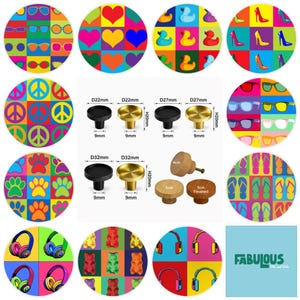 May include: A collection of circular decorative knobs featuring various colourful pop art patterns including hearts, sunglasses, rubber ducks, high heels, peace signs, paw prints, flip-flops, and headphones, alongside metal and wooden hardware with dimensions.