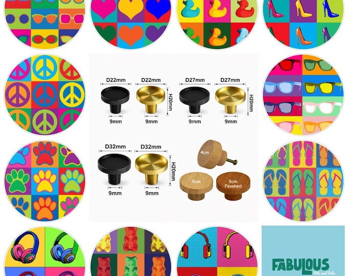 Funky Pattern Wood Drawer Knob - Colorful Pop Art Cabinet Pull, Dresser Knob