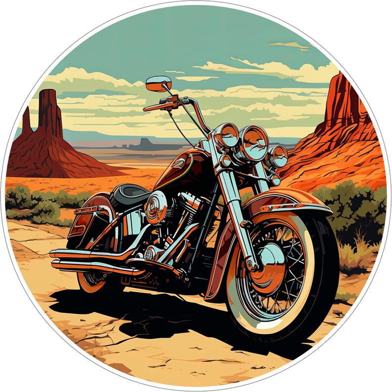 May include: A circular graphic illustration of a dark-coloured cruiser motorcycle parked on a dirt road. The scene features a desert landscape with red rock formations, mesas, and a pale sky. The motorcycle has chrome accents, spoked wheels, and dual headlights.