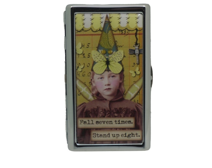Vintage Humor, King Size Cigarette Case, Slim Cigarette Case, Metal Case, Fall seven times, Stand up eight