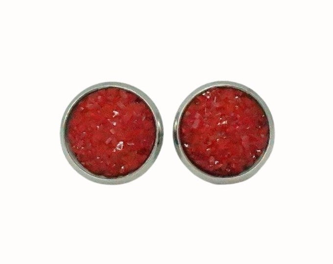 12mm Round Stainless Steel Glass Stud Earrings Druzy Cabochon Red