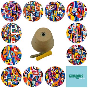 May include: A set of eleven circular cabinet knobs featuring vibrant, multi-colored abstract patterns with geometric shapes and faces. A single light-colored wooden knob is shown with a metal screw and a yellow plastic wall anchor for installation.