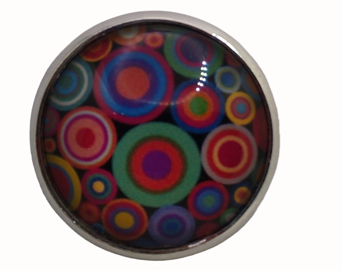 Circles, Colorful Circles,  Round Metal Brooch, Silver Plated, 2.5cm Brooch, Glass, Scarf Pin, Lapel Pin