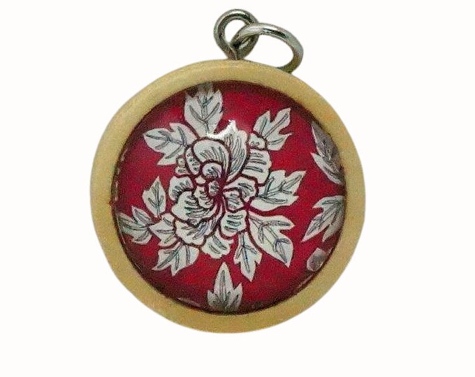 Wooden Backed Glass Tile Pendant Necklace Accessories Natural Wooden Pendant Floral Flowers Red White