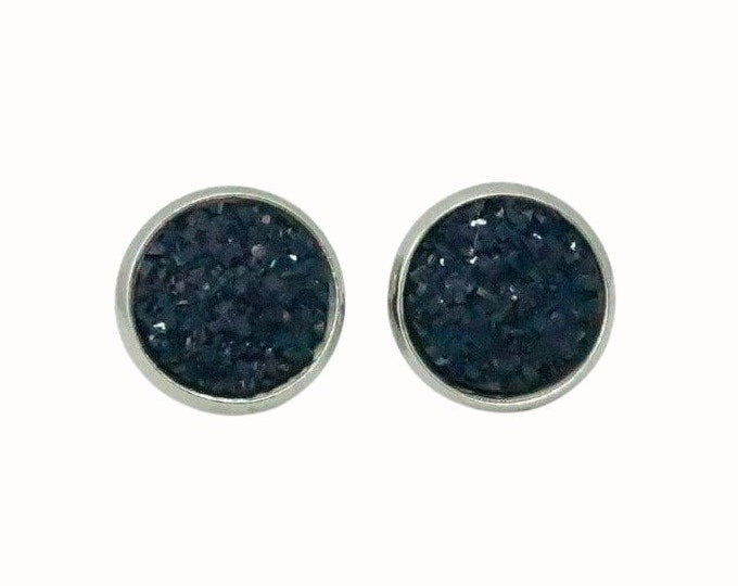 12mm Round Stainless Steel Glass Stud Earrings Druzy Cabochon Navy Blue