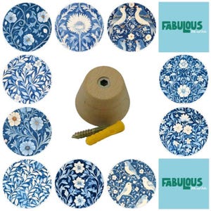 May include: A collection of blue and white floral patterned decorative cabinet knobs. A wooden cabinet knob with a screw and wall anchor is in the center. The text "Fabulous Bits and Bobs" is in a light blue square.