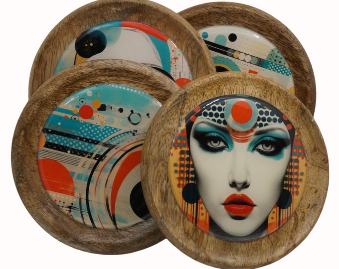 Retro Art Mango Wood Coasters, Abstract Faces, Set of Four