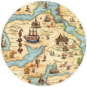 May include: A circular vintage-style map featuring beige landmasses and light blue bodies of water. The illustration includes detailed drawings of sailing ships, tall towers, mountain ranges, and illegible script text scattered across the land.