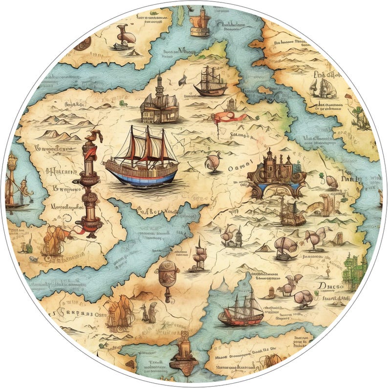 May include: A circular vintage-style map featuring beige landmasses and light blue bodies of water. The illustration includes detailed drawings of sailing ships, tall towers, mountain ranges, and illegible script text scattered across the land.