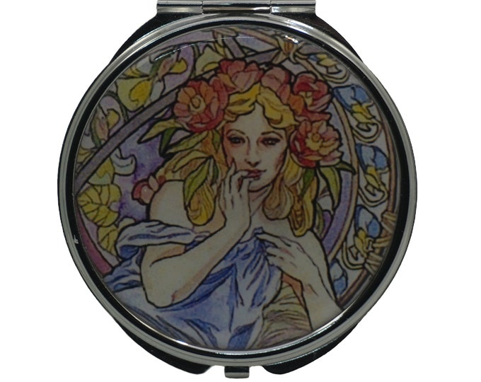 Art Nouveau, Art Nouveau Maiden,  Large Pill Box, Mirror, Medicine Case, Pill Case, Silver Pill Box, Three Sectioned Pill Box
