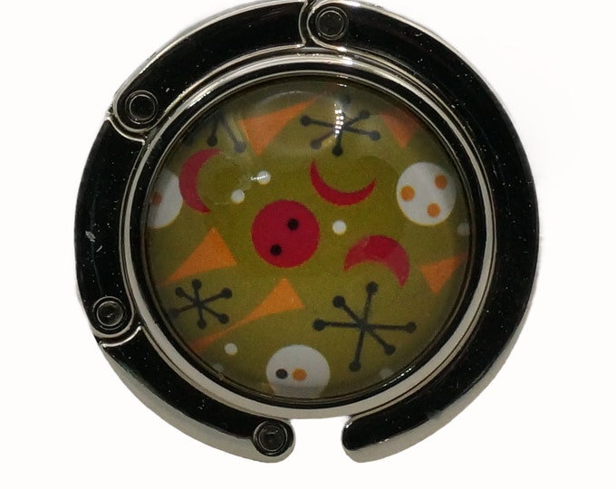 Purse Hook Bag Holder Table Top Bag Hanger, Retro, Mid Century Art, Patterned, Green, Red, Yellow, White