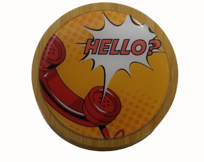 Retro, Pop Art, Hello, 100ml Round Screw Top Bamboo Box, Wooden Box, Refillable Cosmetic Container, Jewellery Box, Keepsakes Box, Trinkets