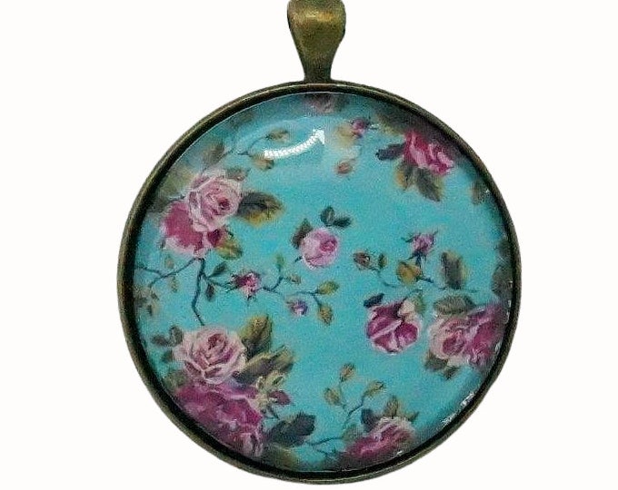 4cm Round Bronze Plated Glass Pendant Floral Vintage Roses Pink on Blue