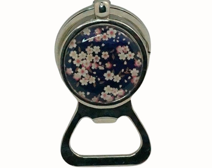 Handmade Keyring Bottle Opener Key Ring Patterned Floral Flowers White Flowers on Blue