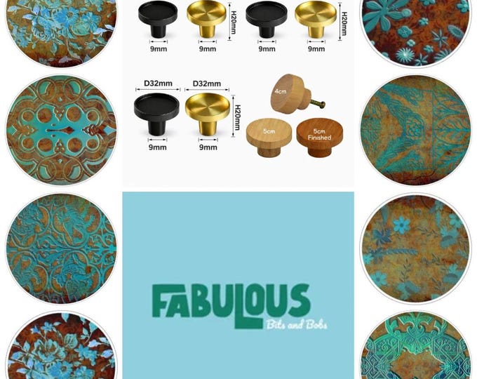 Flower Drawer Knobs, Rusty Patina Round Wooden Cabinet Handles, Brass Knobs