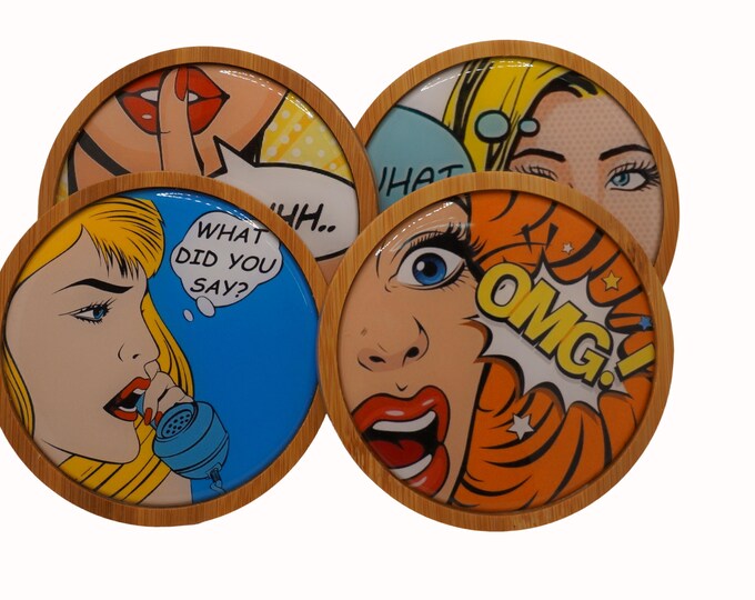 Pop Art, Retro, SHHH, WHAT, OMG, What Did You Say, Coffee, Coasters, Set of Four Round Wooden Coasters, Wine, Drink Coasters, Coffee Coaster