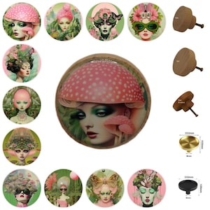 Könnte beinhalten: Eine Sammlung dekorativer Schrankknöpfe und Schubladengriffe. Die Knöpfe zeigen künstlerische Designs von Frauen mit Pilzkappen und floralen Elementen. Holz- und Metallbeschläge sind ebenfalls enthalten, mit Abmessungen von 3,2 cm Durchmesser und 2 cm Höhe.