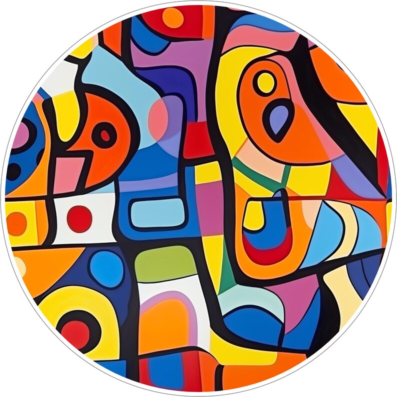 May include: A circular wall art piece featuring a vibrant abstract composition of interlocking geometric and organic shapes. The design is defined by thick black outlines filled with bold, saturated colors including red, yellow, orange, blue, and purple.