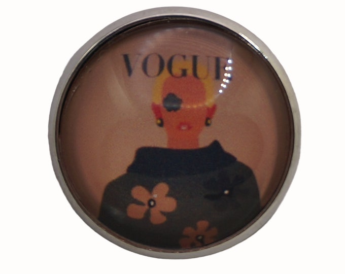 Vogue Magazine, Round Metal Brooch, Silver Plated, 2.5cm Brooch, Glass, Scarf Pin, Lapel Pin