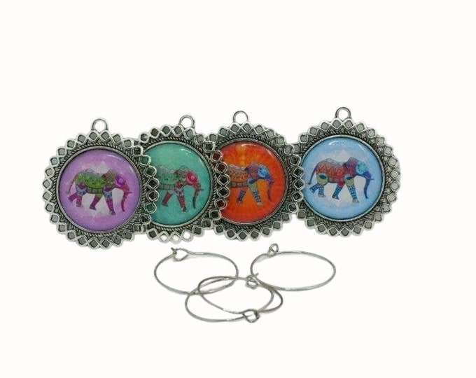 Set of Four Wine Charms Wine Lovers Wine Glass Charms Elephants Colorful Elephants
