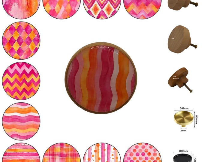 Pink and Orange Wooden Drawer Knobs, Furniture Decor