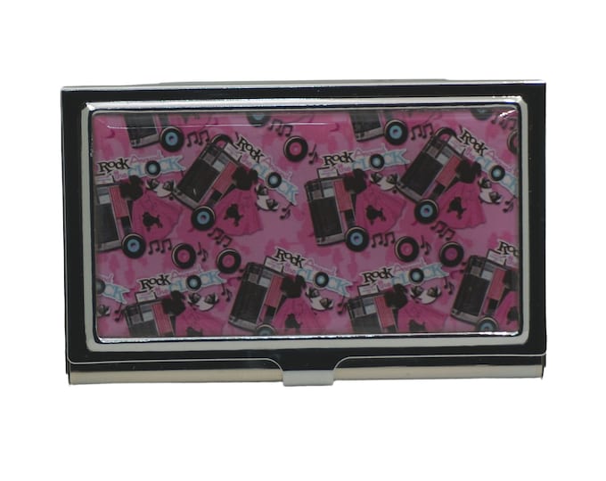 Card Holder, Metal Business Card Case, Cigarette Case, Credit Card Holder, Business Card Holder, Fifties, Rock n Roll, Pink, Black