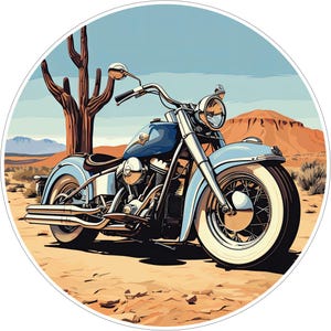May include: A circular graphic illustration featuring a light blue cruiser motorcycle parked in a desert landscape. The scene includes a tall saguaro cactus, distant orange mountains, and a clear sky, with the motorcycle showcasing chrome details.