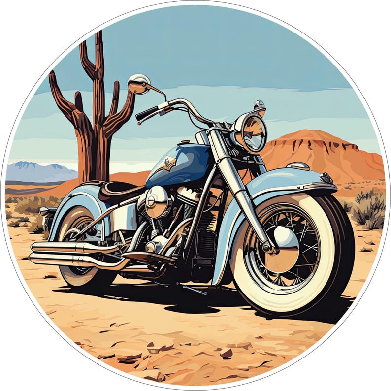 May include: A circular graphic illustration featuring a light blue cruiser motorcycle parked in a desert landscape. The scene includes a tall saguaro cactus, distant orange mountains, and a clear sky, with the motorcycle showcasing chrome details.