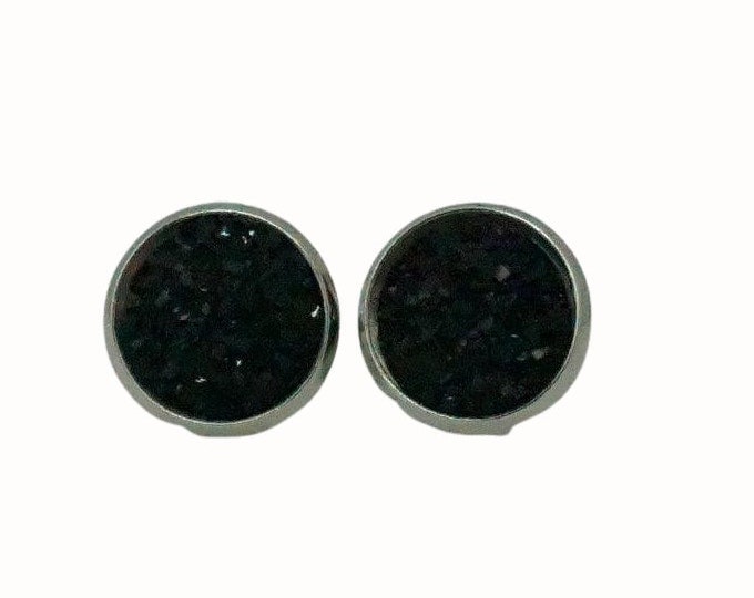 12mm Round Stainless Steel Glass Stud Earrings Druzy Cabochon Black