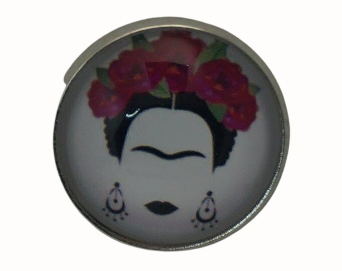 Frida Kahlo, Round Metal Brooch, Silver Plated, 2.0cm Brooch, Glass, Scarf Pin, Lapel Pin