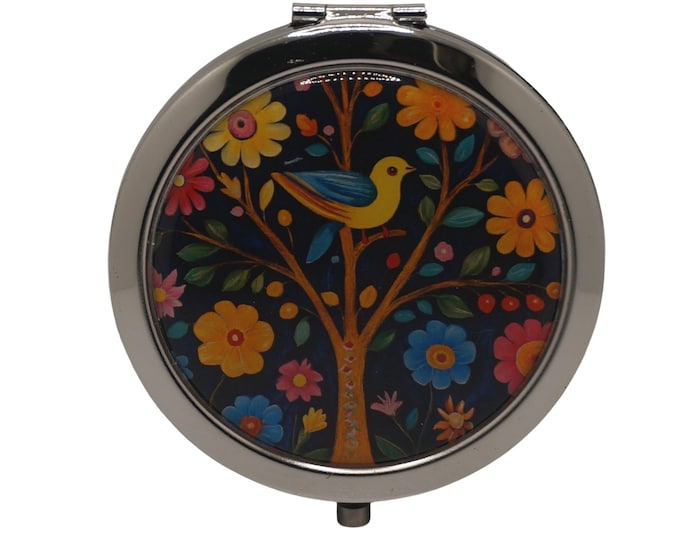 Folk Art Birds, Colorful Birds, Compact Mirror, Purse Mirror, Pocket Mirror, Handbag Mirror