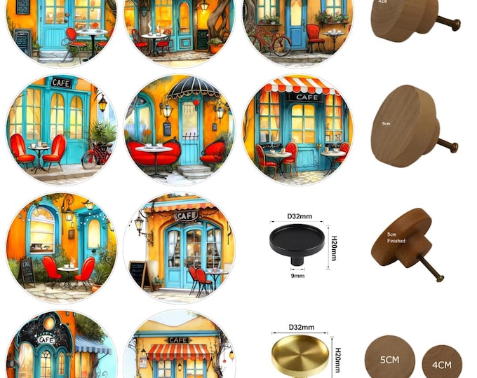 Vintage Coffee Shops Drawer Knobs,  Round Wooden Cabinet Pulls, Brass Drawer Knobs