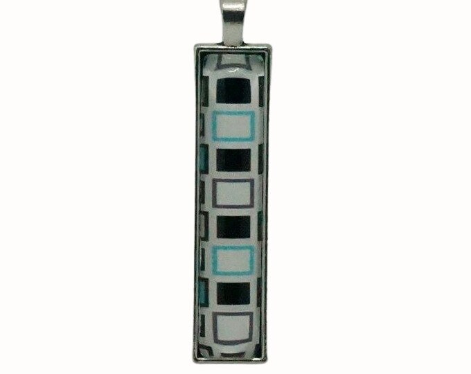 Long Rectangle Glass Tile Pendant Patterned Blue White and Black Squares