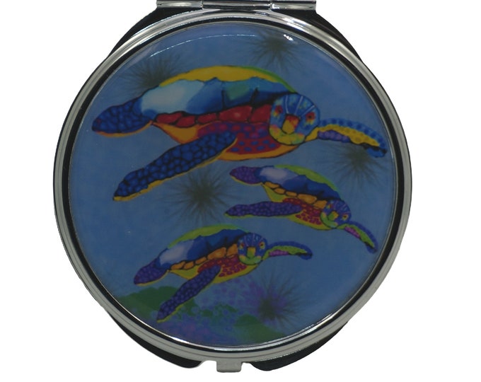 Turtles,  Large Pill Box, Mirror, Medicine Case, Pill Case, Medication Container, Silver Pill Box, Three Sectioned Pill Box